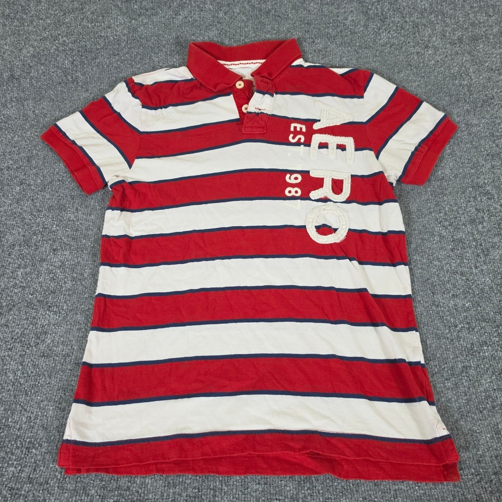 2000s Aeropostale Mens Medium Red White Blue Striped Short Sleeve Polo Shirt